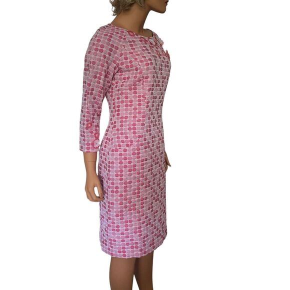 Vtg Thick Poly Mod Floral Pink Shift Dress Poka Dot Pockets Lined Boat Collar 3D - Picture 5 of 16